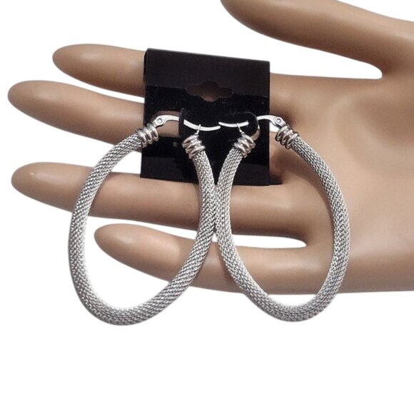 2 1/8" Long Oval Mesh Hoop Pierced Post Earrings Silver Tone 56mm Stainless Stee - Picture 5 of 6